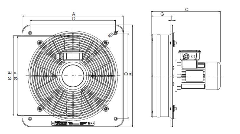 Abmessungen 40304 Vortice E 354 M ATEX Wandventilator